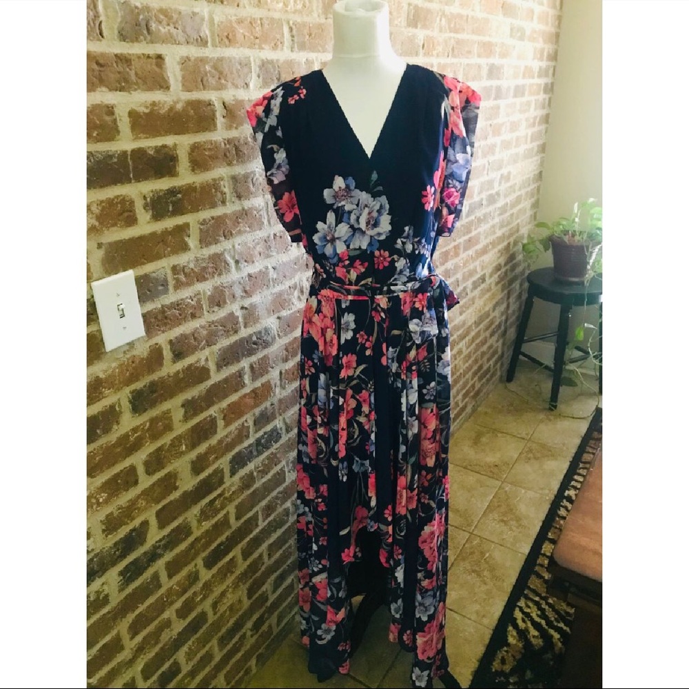 Eliza J Floral Print Faux Wrap V-Neck Maxi Dress